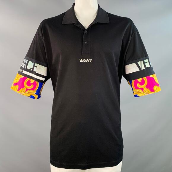 VERSACE Size XXL Black Multi Color Mixed Patterns Cotton Pique Half Placket Polo - Picture 1 of 9